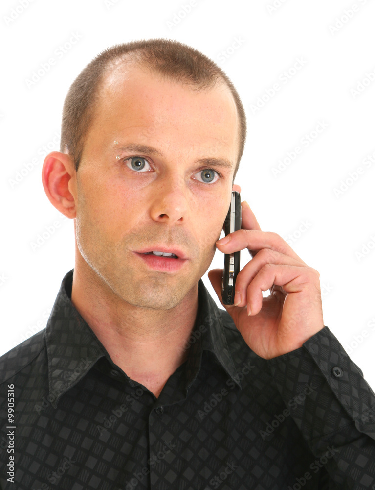 handsome man on mobile phone isolated on white handsome man on mobile phone isolated on white