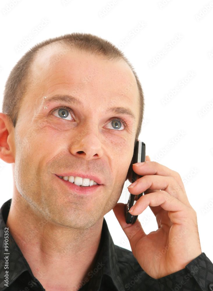 handsome man on mobile phone isolated on white handsome man on mobile phone isolated on white
