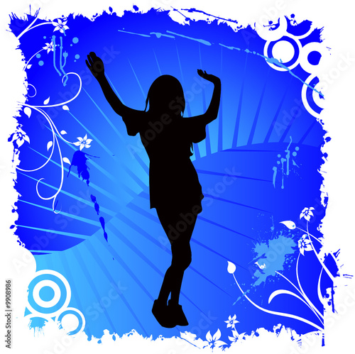 happy woman dancing on flower ornaments
