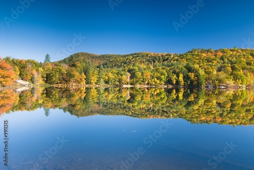 Lush fall foliage reflecting in an amazingly smooth lake