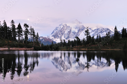 Reflection of Mt Shuksan on Picture Lake at Mount Baker..