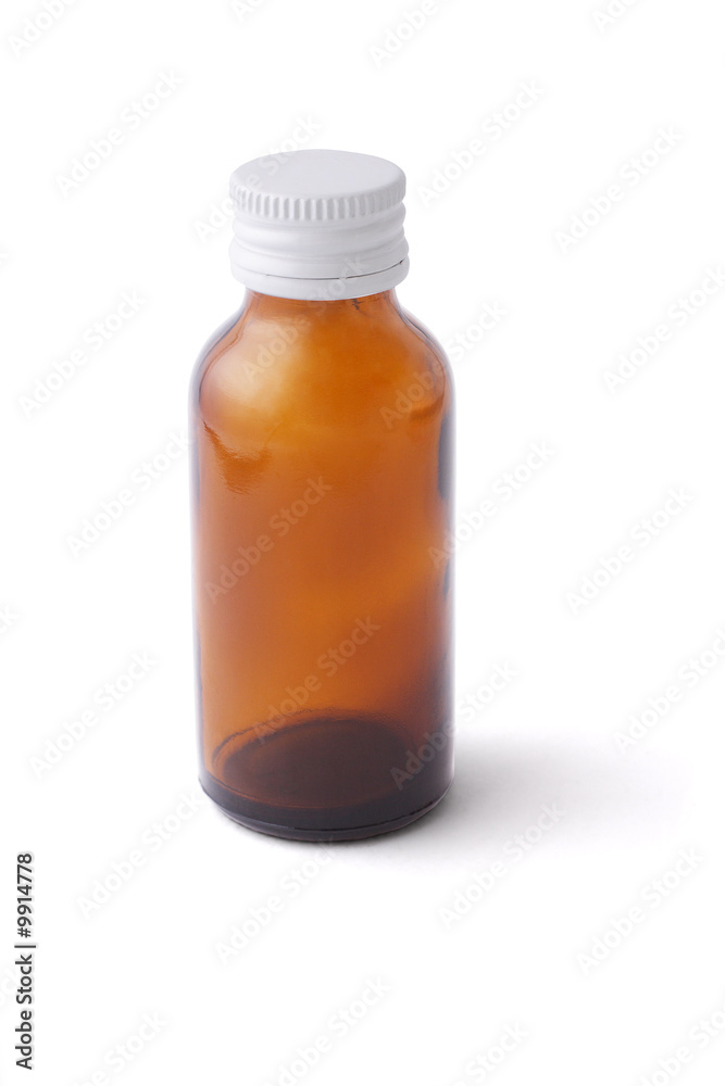 Empty medicine bottle with white cap on white background Empty medicine bottle with white cap on white background