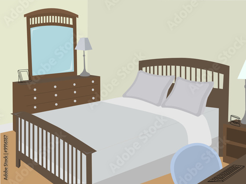 Bedroom at an angle with stylized objects
