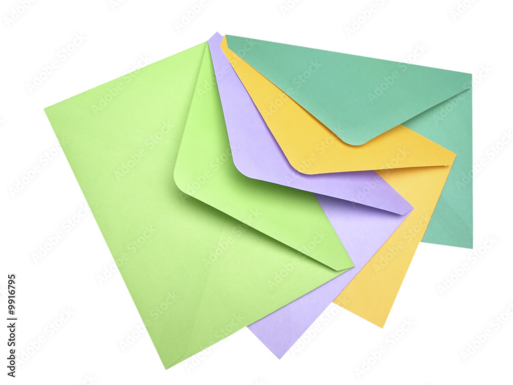 four post envelopes on white background, close up four post envelopes on white background, close up