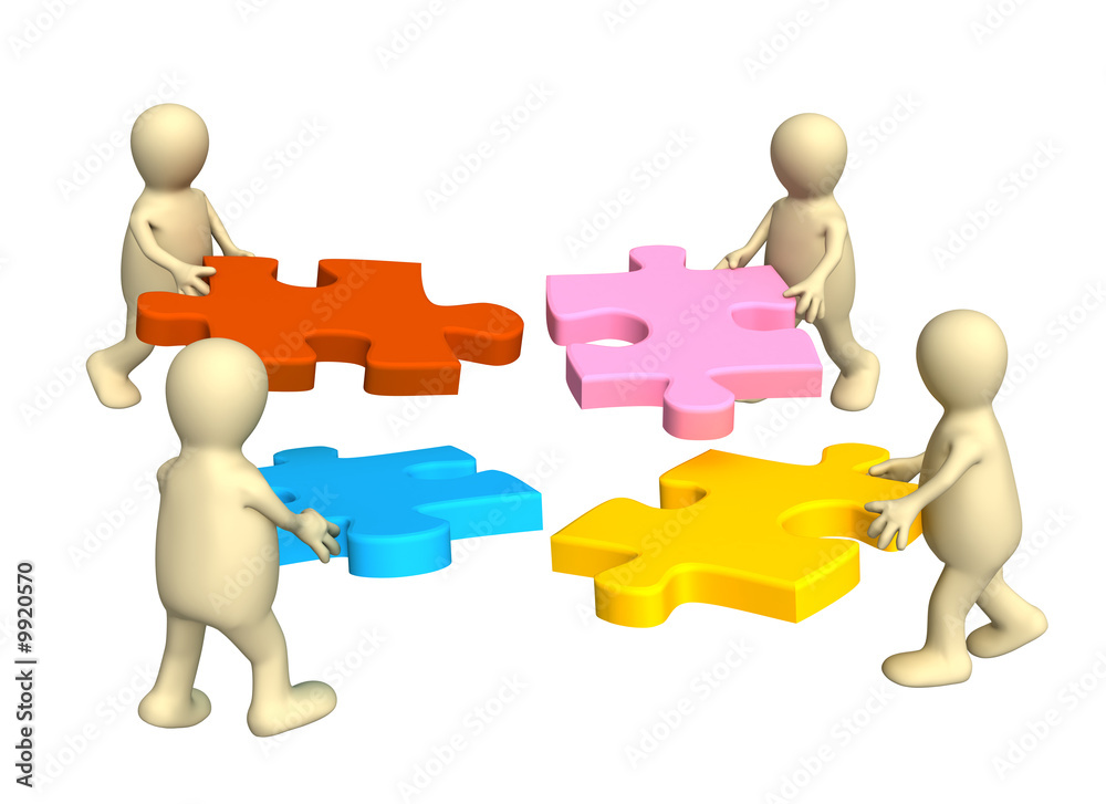 Four puppets, holding in hands a puzzle of multi color Four puppets, holding in hands a puzzle of multi color