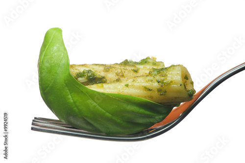 Typical italian pasta, rigatoni al pesto in a leaf of basil