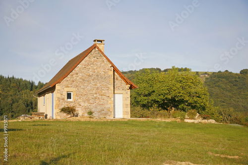 Stone house on hill in green garden, Correze, France