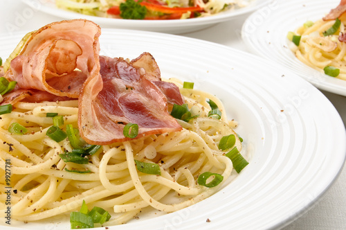 Pasta with fried bacon and vegetables