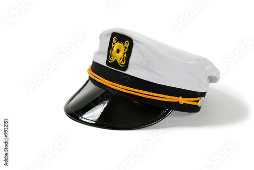 White Nautical hat with black brim and yellow braids