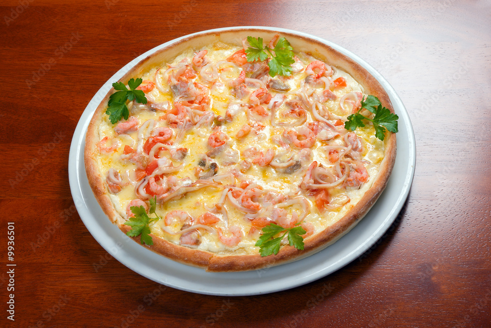 This is a tasty pizza with seafood