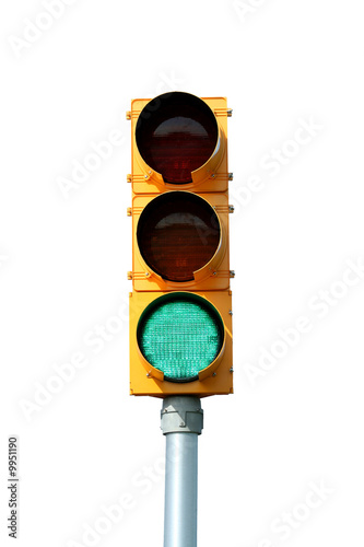 Isolated Green traffic signal light on white