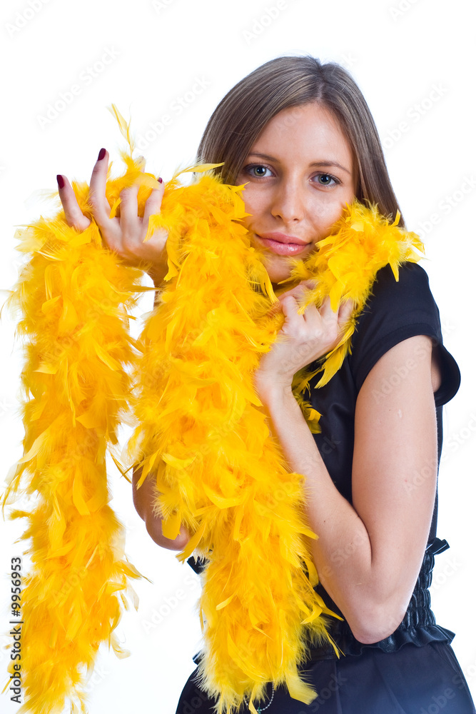 Portrait of the beautiful girl with yellow feathers Portrait of the beautiful girl with yellow feathers