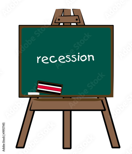 the word recession written on a chalkboard easel
