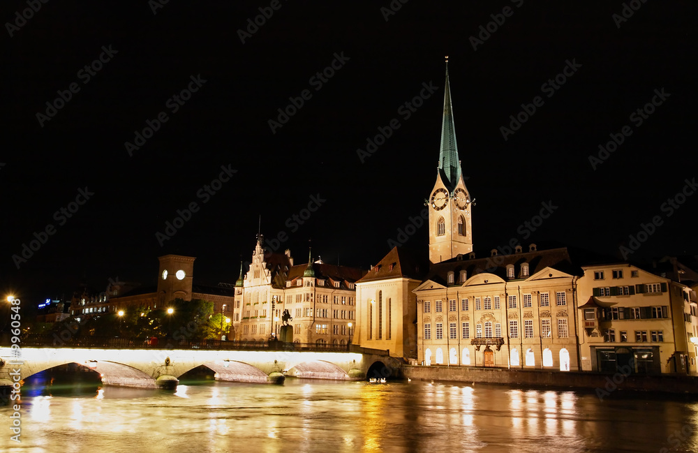 The night view of the Fraumunster church in Zurich Switzerland