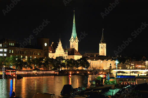 The night view of major landmarks in Zurich Switzerland