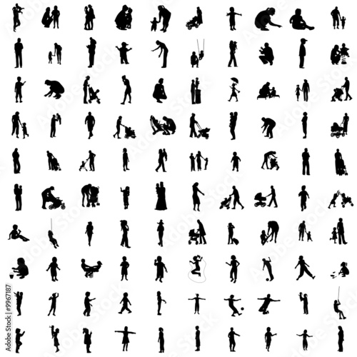 One hundred isolated silhouettes of parents and children.