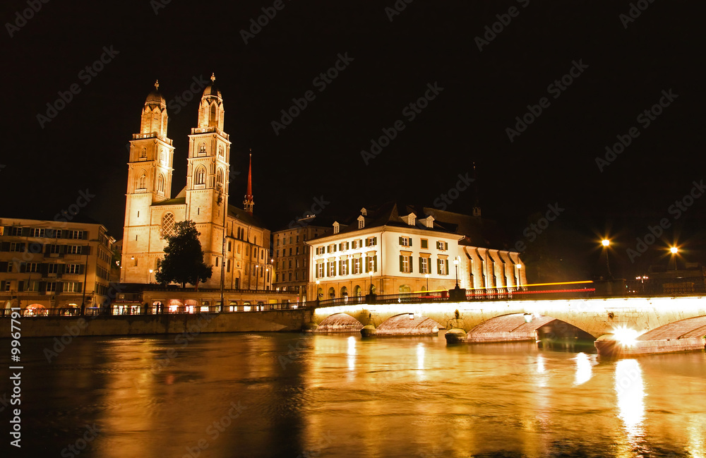 The Grossmunster Cathedral in Zurich Switzerland at night