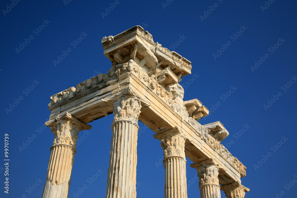 Fragment of ancient construction with columns, close up