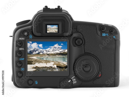Back of digital photo camera with photo of Matterhorn