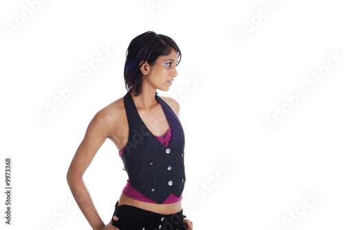 Picture of one girl in black and purple on white background