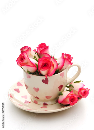 teacup with roses in and on the saucer