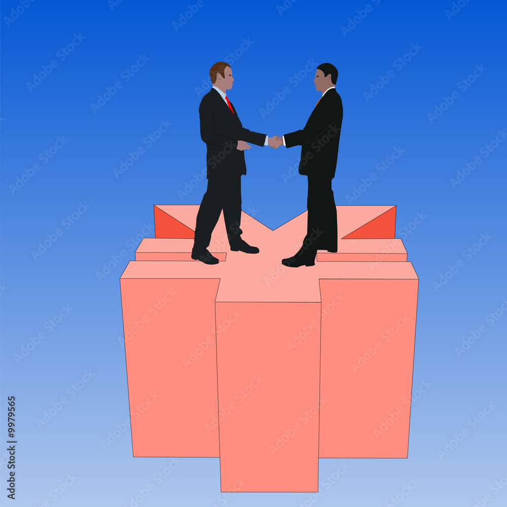 business men meeting with handshake on giant yen symbol