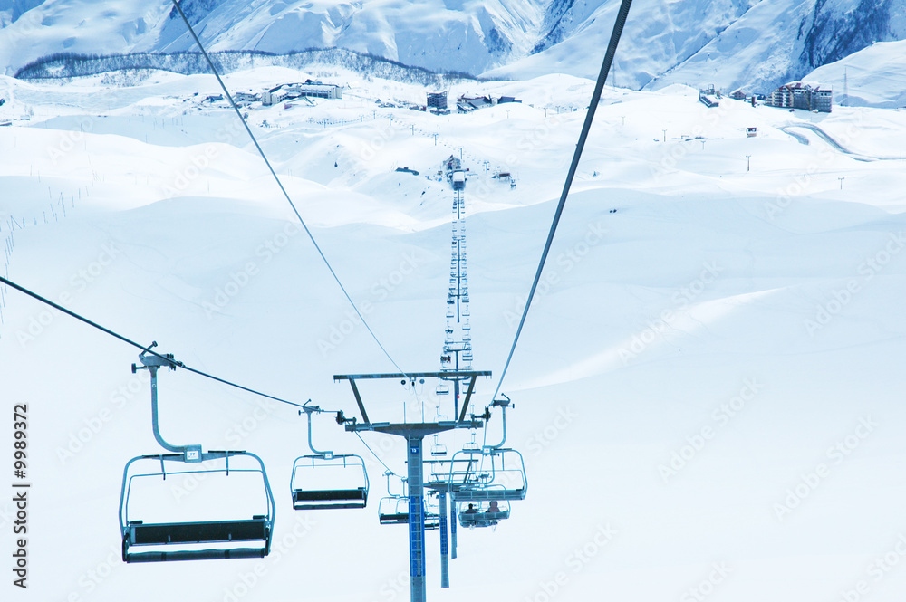 Ski lifts on the bright winter day