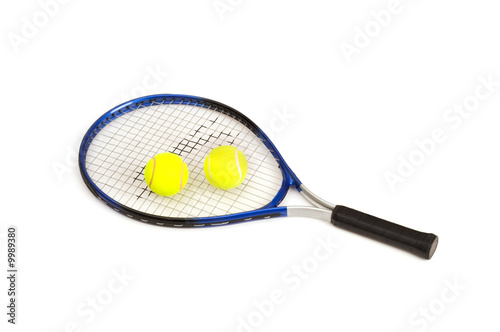Two tennis balls and racquet isolated on white © Elnur