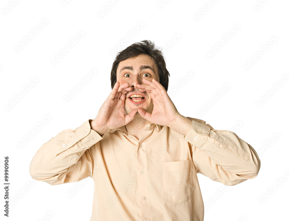 Man shouting, hands near his mouth, over white Man shouting, hands near his mouth, over white