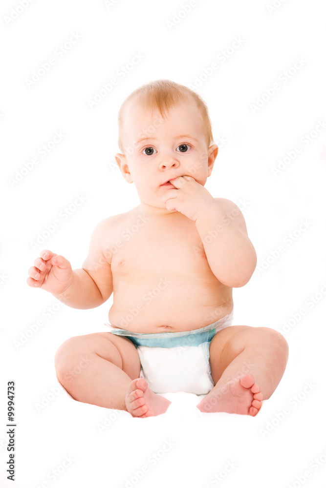 Cute six month baby on white background Cute six month baby on white background