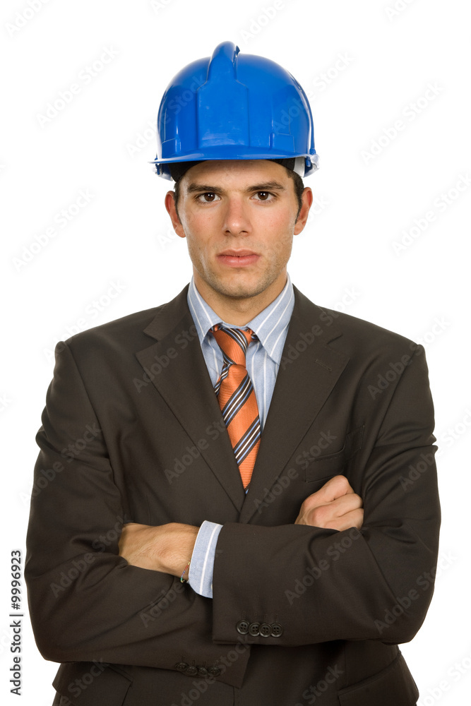 An engineer with blue hardhat, isolated on white An engineer with blue hardhat, isolated on white