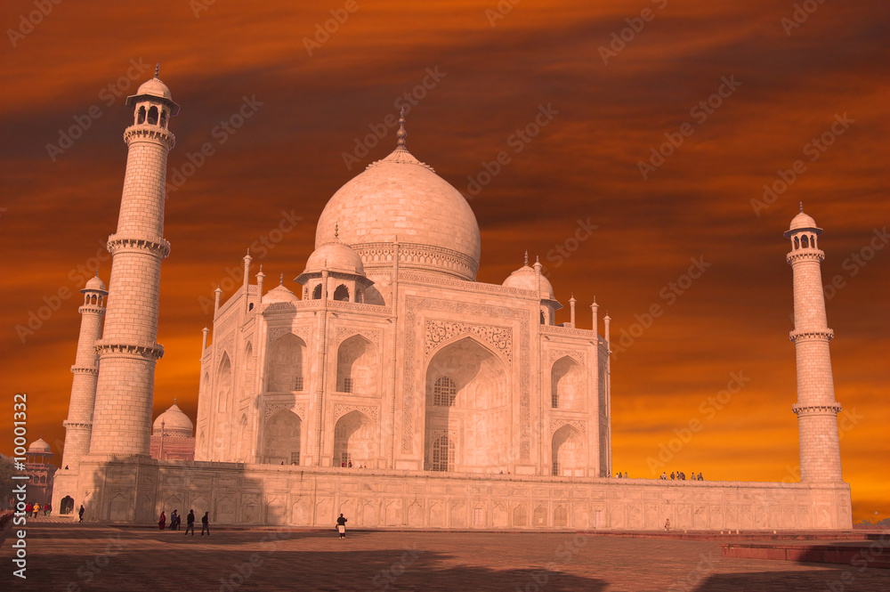Taj Mahal on the fire sunset, India, Agra