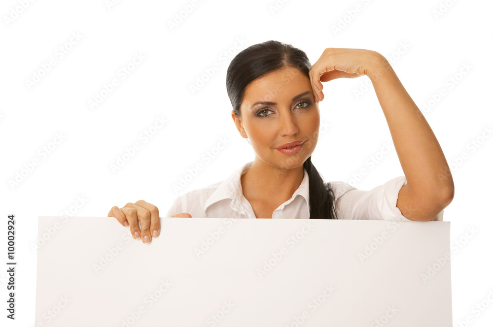 Beautiful business woman holding empty white board Beautiful business woman holding empty white board