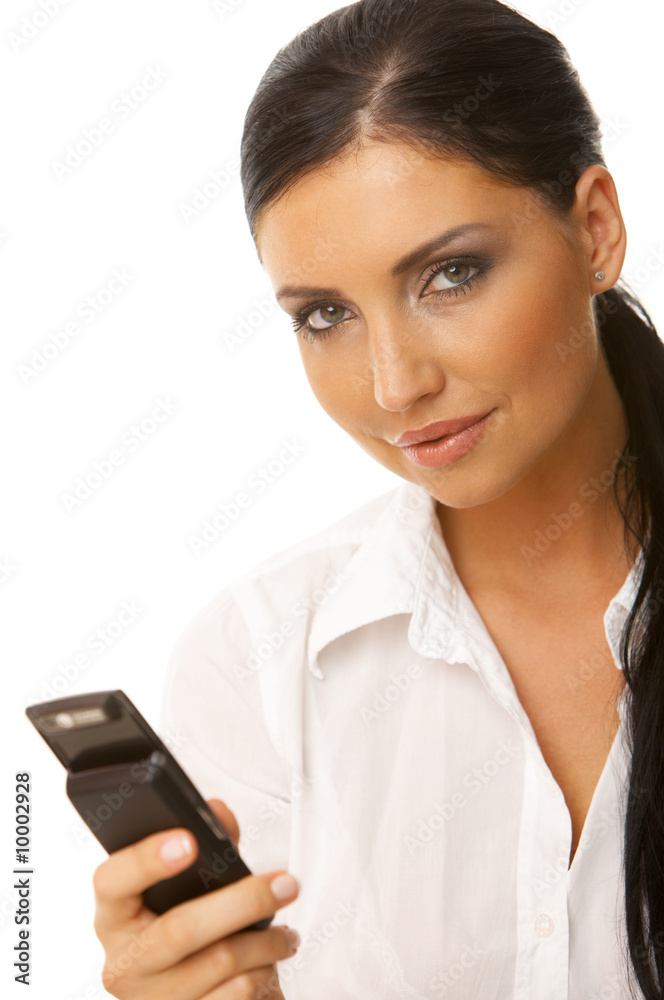 Beautiful business woman is using mobile telephone Beautiful business woman is using mobile telephone