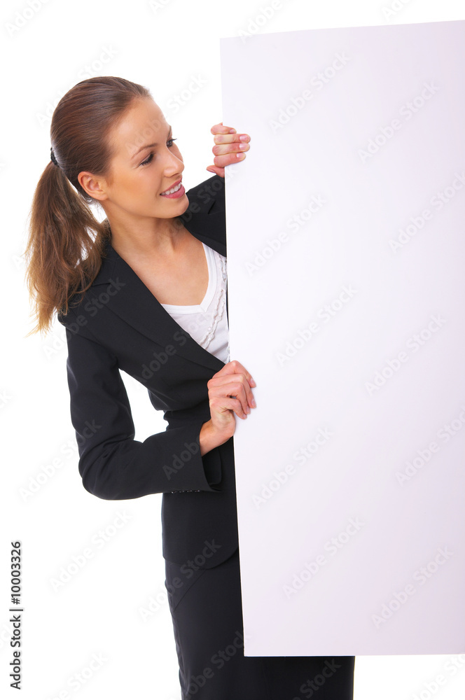 Beautiful business woman holding empty white board Beautiful business woman holding empty white board