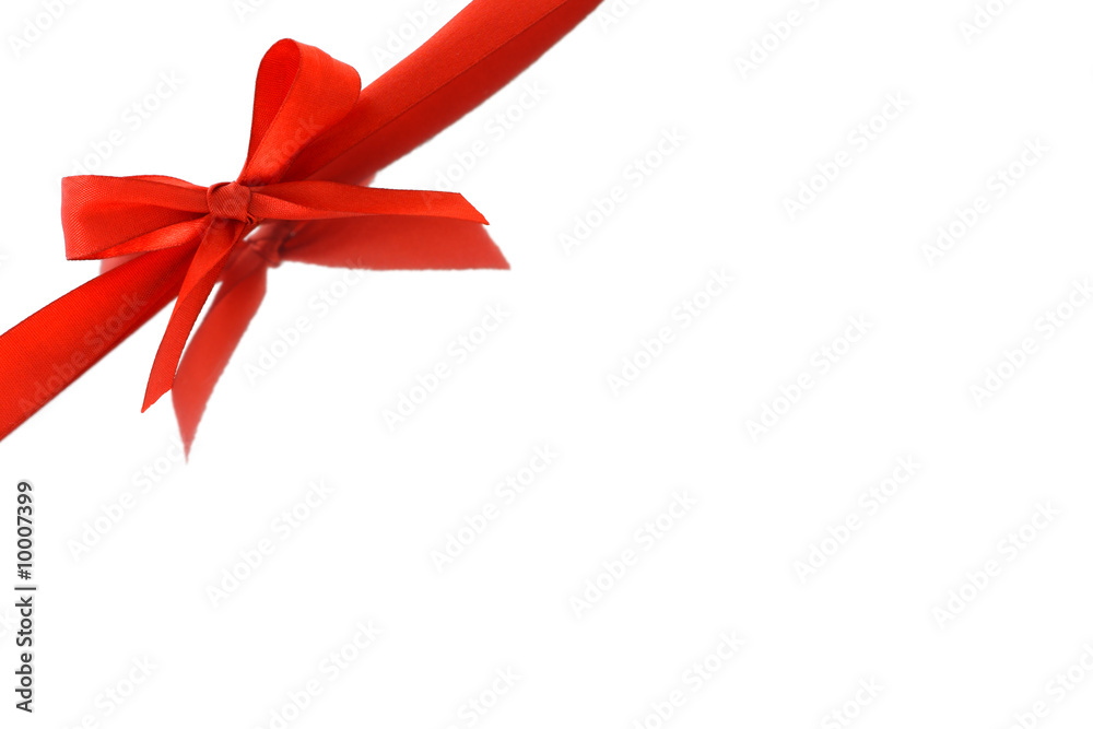 Red bow ribbon and relection on white background with copy space Red bow ribbon and relection on white background with copy space