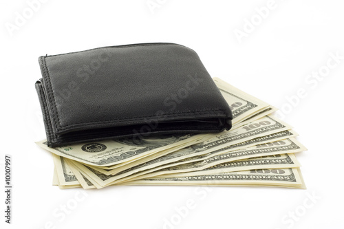 Black purse with hundred dollar bills