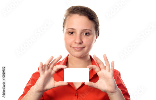 Young woman holding a white card with both hands