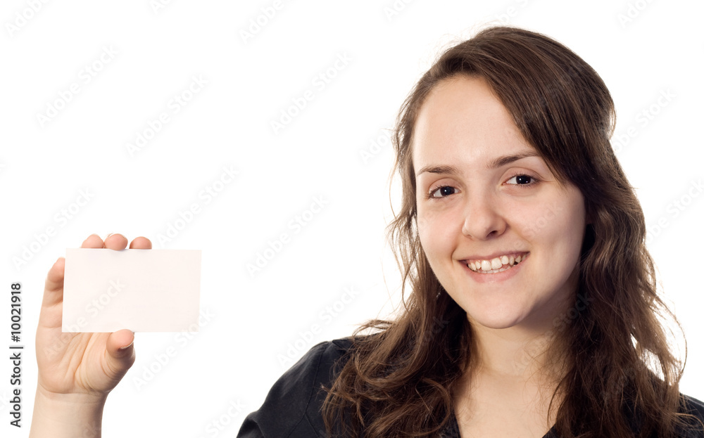 Beautiful smiling young woman holding a white card. Beautiful smiling young woman holding a white card.