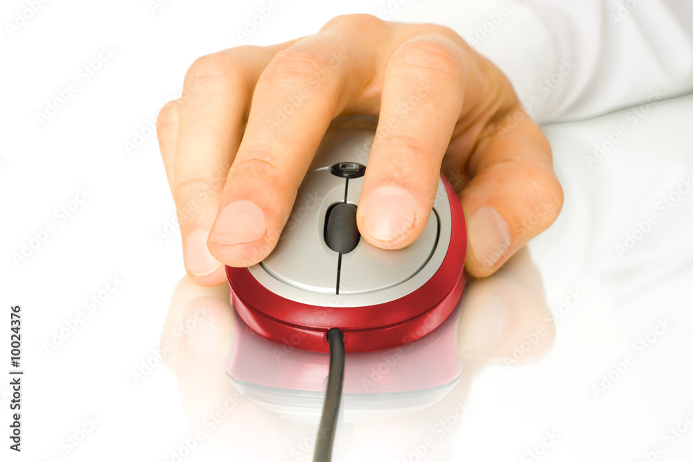 modern red computer mouse with hand modern red computer mouse with hand