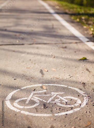 Asphalt road with white bike logo.Road sign - bicycle path.