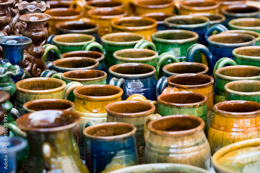 Glazed colourful pottery products ready for sale