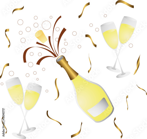 champagne bottle and glass with confetti