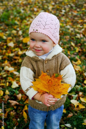 An image of nice baby in leaves in autumn park