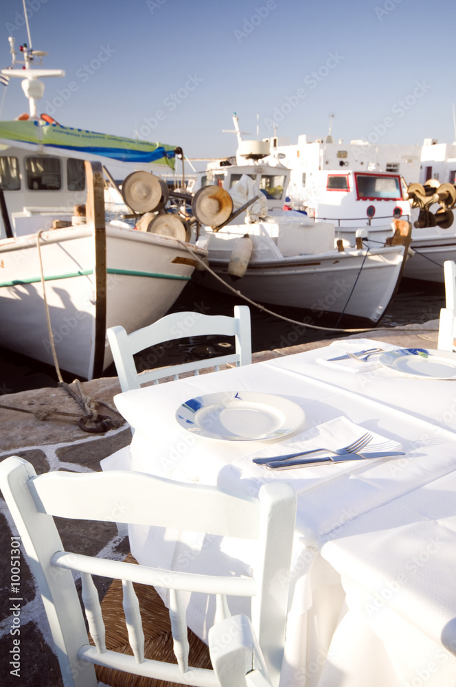 Fototapeta premium greek island taverna harbor classic greece fishing boats