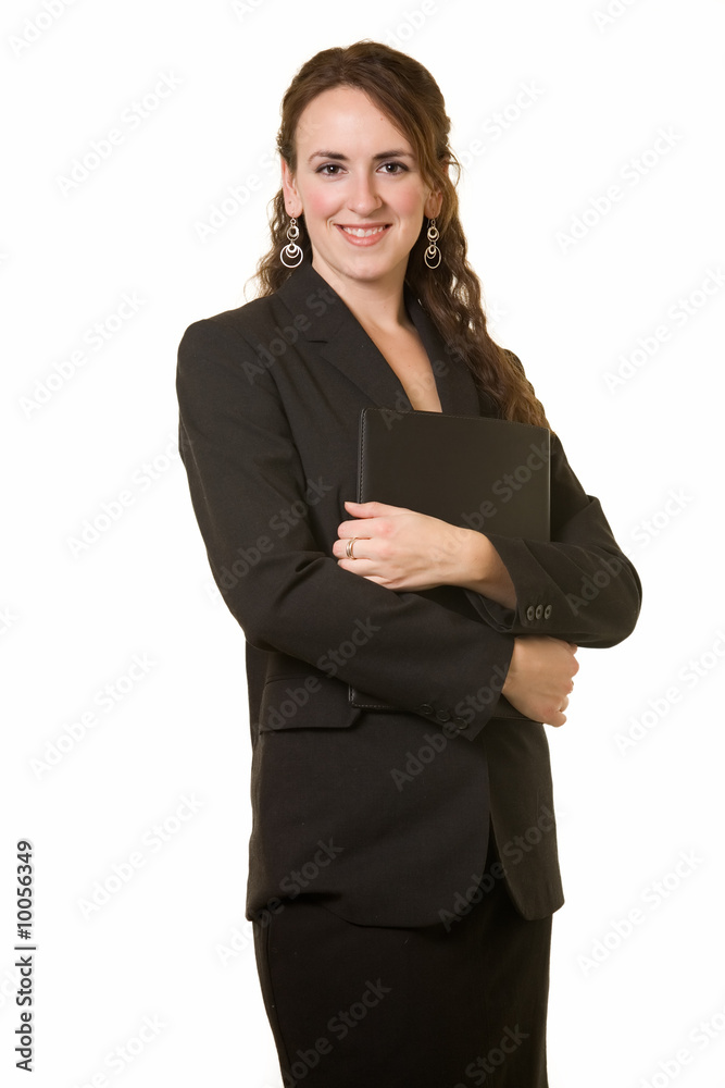 woman wearing black business suit standing on white woman wearing black business suit standing on white