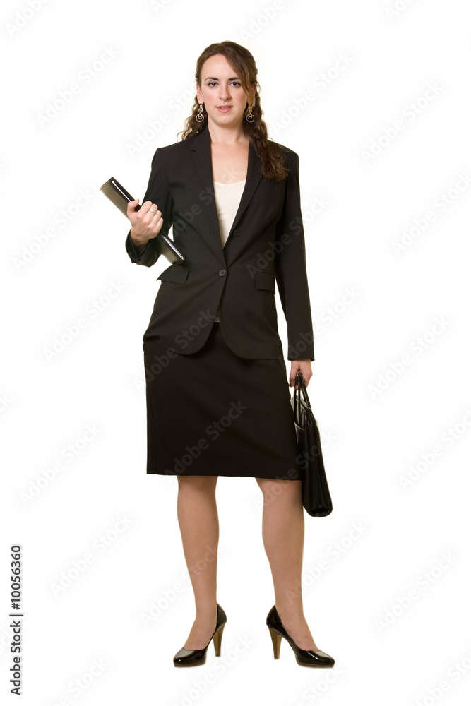 Full body of brunette woman wearing black business suit Full body of brunette woman wearing black business suit