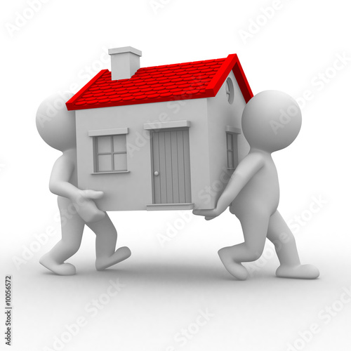 two 3d humans carry a home in their hands