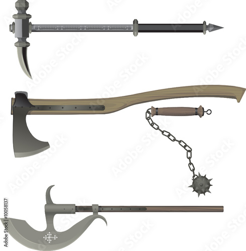 medieval weapons. Battle hammer, Axe, Bludgeon, halberd.