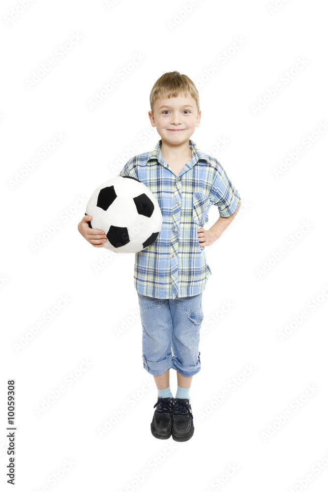 Little boy with a soccer ball (isolated on white)..